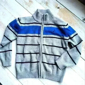 Nautica Boys Striped Zip Up Sweater Cable Knit Size 7 Blue Gray Long sleeve